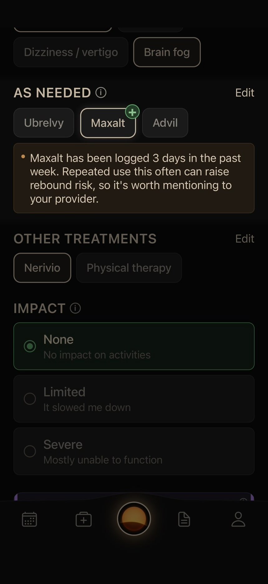 An entry showing a note that Maxalt has been logged three days in the past week, suggesting you mention it to your provider.