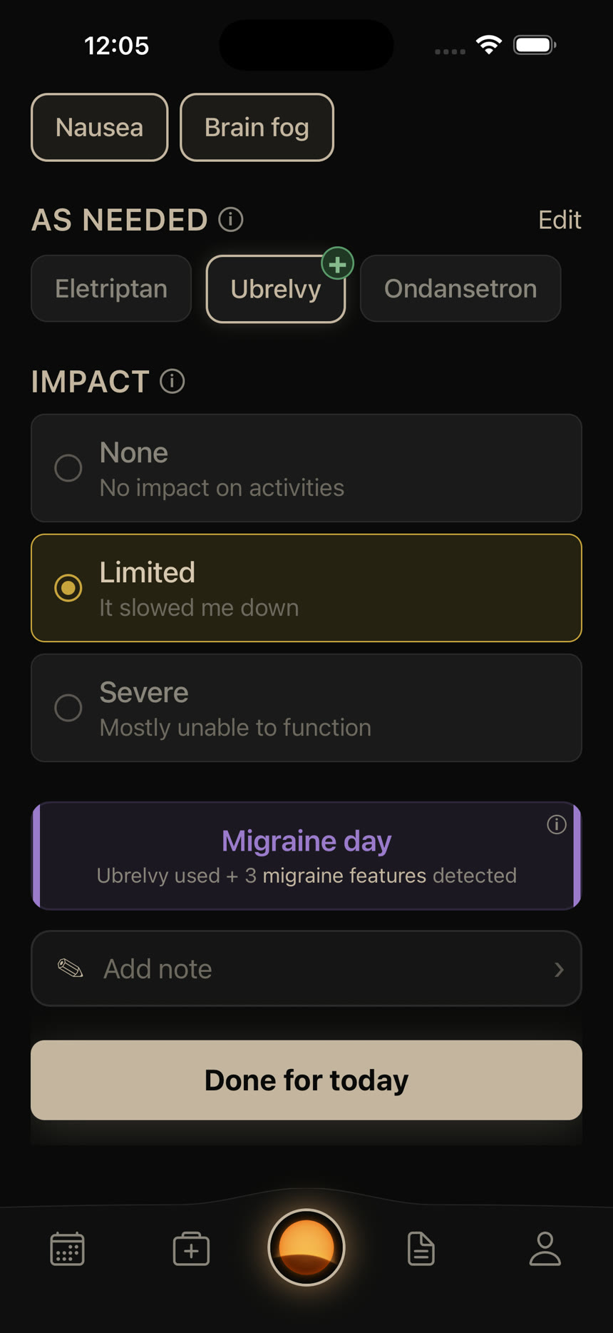 A finished entry classified as a migraine day, with the reason shown: Ubrelvy used plus three migraine features detected.