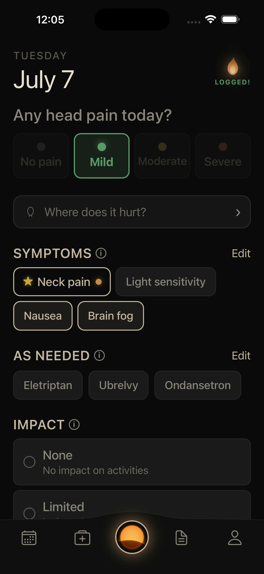 Ember's daily entry screen with symptoms and medications as tappable chips