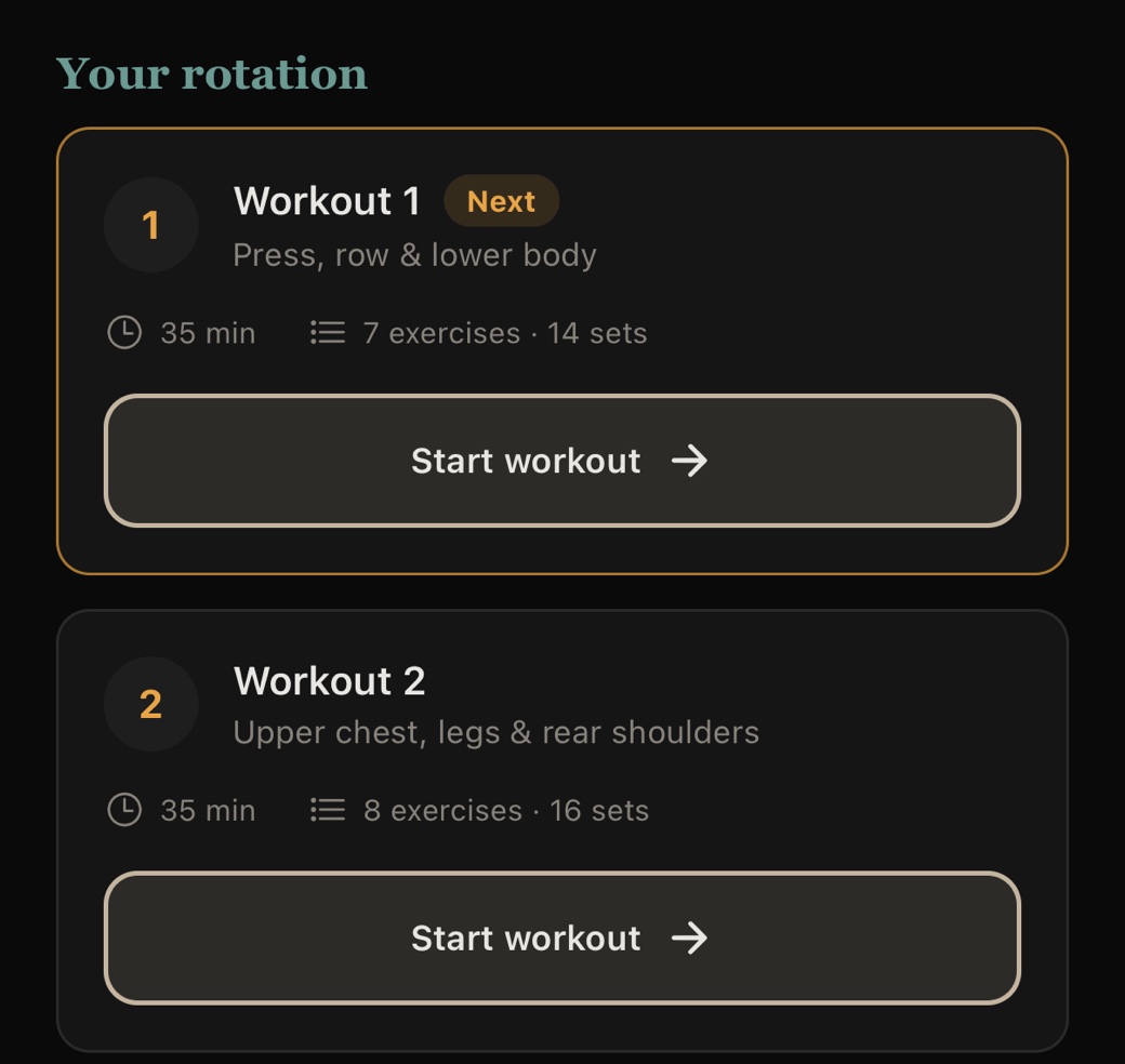 Ember's Workout screen: Your rotation, with Workout 1 marked Next and a Start workout button on each workout.