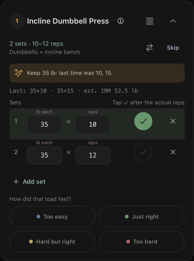 An exercise in a workout: Incline Dumbbell Press, the suggestion Keep 35 lb: last time was 10, 15, last time's sets, and two sets of 35 lb, the first checked off.
